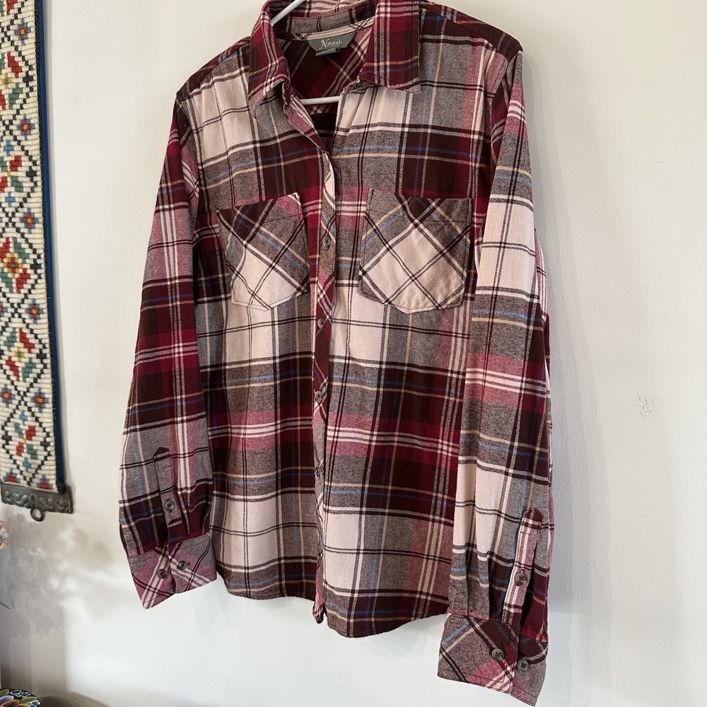 New Women Natural Reflections Plaid Long Slv Button Up Shirt Large Western Cream